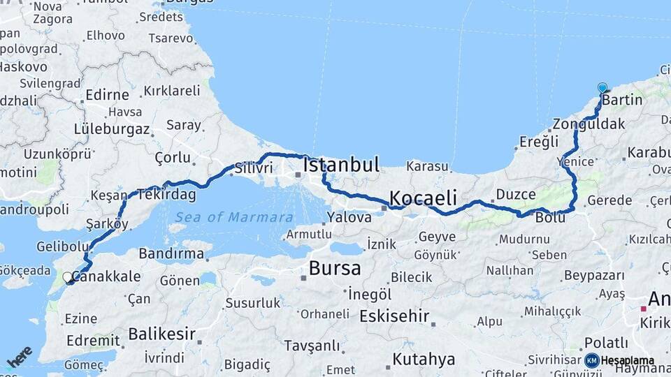 Bartın Amasra Çanakkale Arası Kaç Km - Yol Haritası