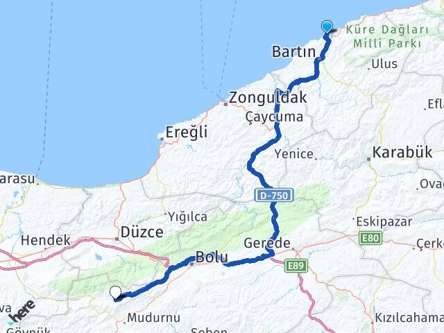 Bartın Amasra Gölcük Mudurnu Bolu Arası Kaç Km - Yol Haritası