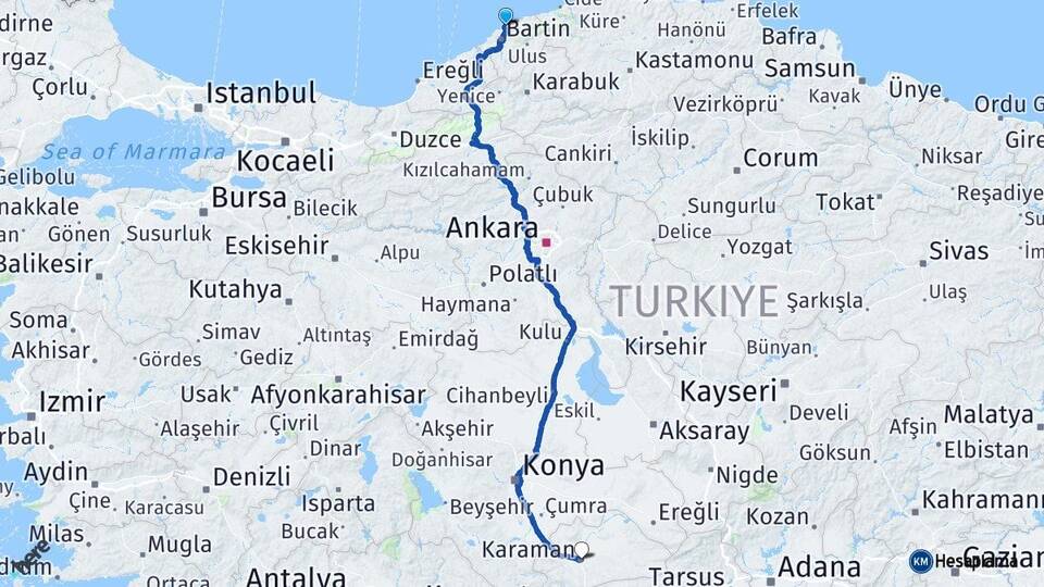 Bartın Amasra Karaman Arası Kaç Km - Yol Haritası