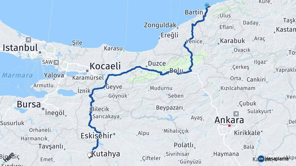 Bartın Amasra Kütahya Arası Kaç Km - Yol Haritası