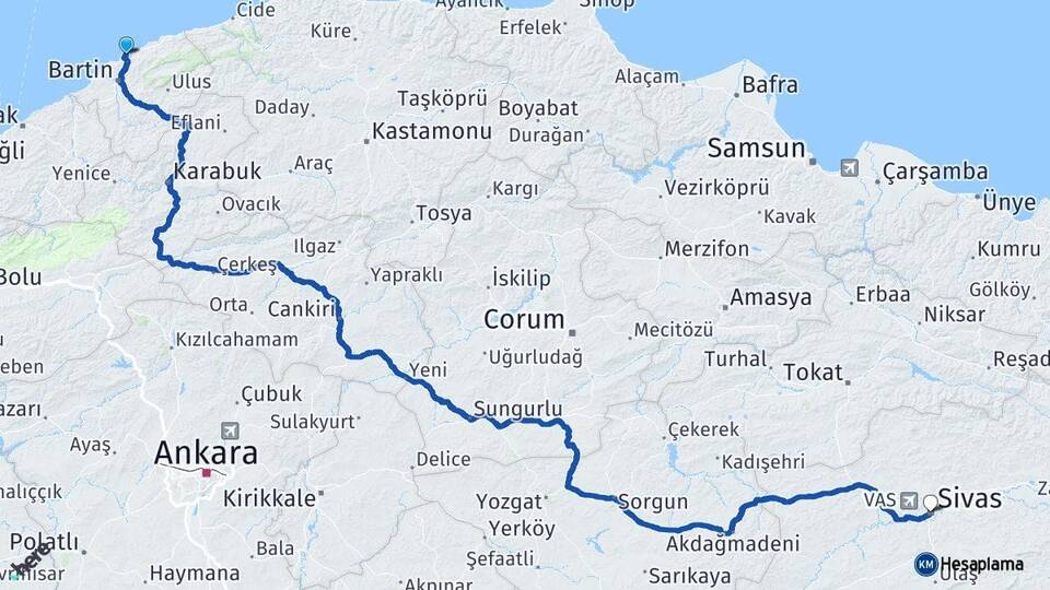 Bartın Amasra Sivas Arası Kaç Km - Yol Haritası