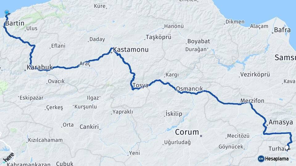 Bartın Amasra Turhal Tokat Arası Kaç Km - Yol Haritası