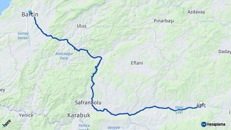 Bartın Araç Kastamonu Arası Kaç Km - Yol Haritası