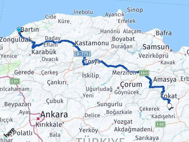 Bartın Artova Tokat Arası Kaç Km - Yol Haritası