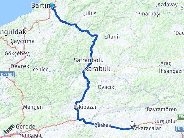 Bartın Atkaracalar Çankırı Arası Kaç Km - Yol Haritası