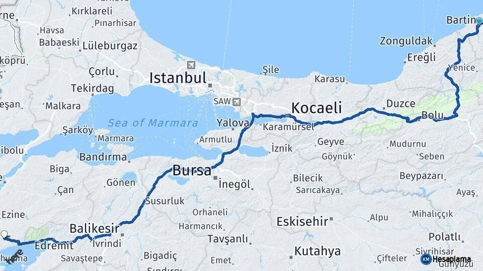 Bartın Ayvacık Çanakkale Arası Kaç Km - Yol Haritası