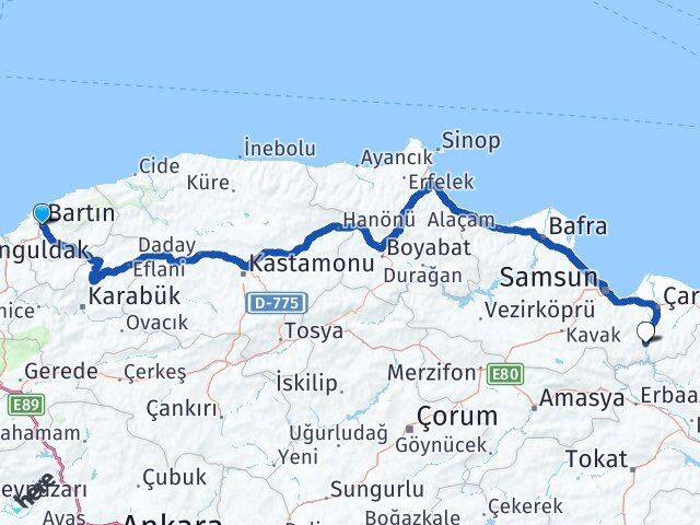 Bartın Ayvacık Samsun Arası Kaç Km - Yol Haritası