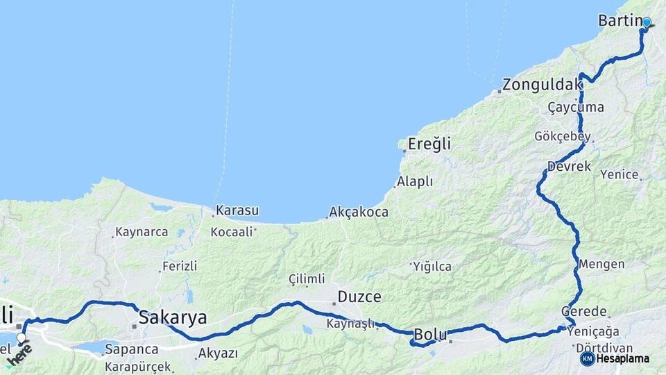 Bartın Başiskele Kocaeli Arası Kaç Km - Yol Haritası
