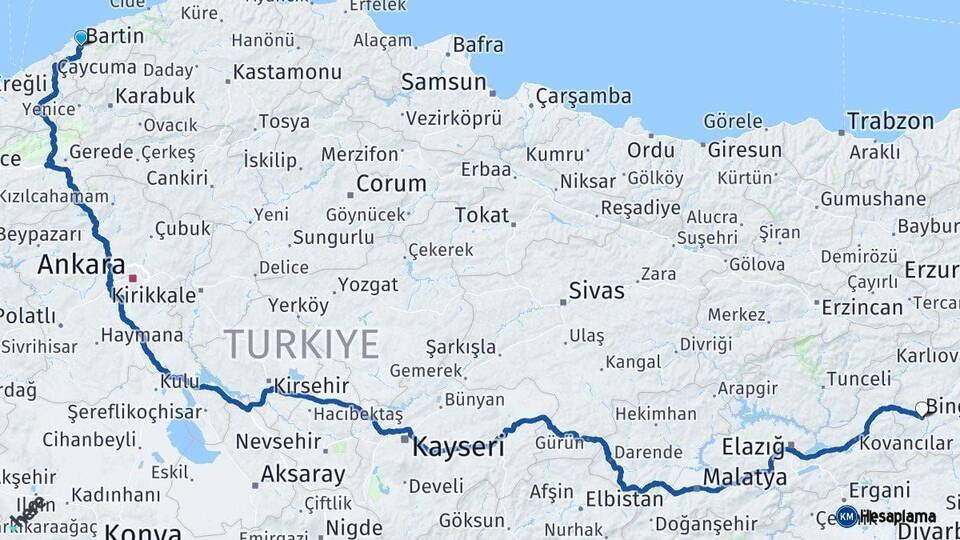 Bartın Bingöl Arası Kaç Km - Yol Haritası