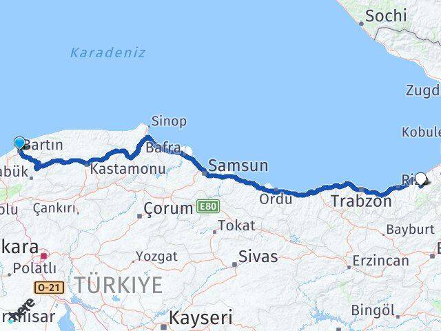 Bartın Çamlıhemşin Rize Arası Kaç Km - Yol Haritası