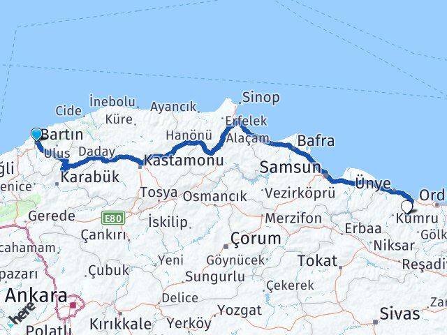 Bartın Çatalpınar Ordu Arası Kaç Km - Yol Haritası