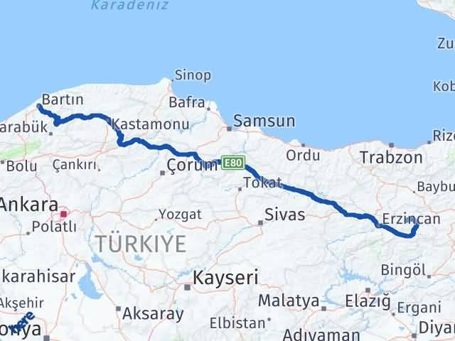 Bartın Çayırlı Erzincan Arası Kaç Km - Yol Haritası
