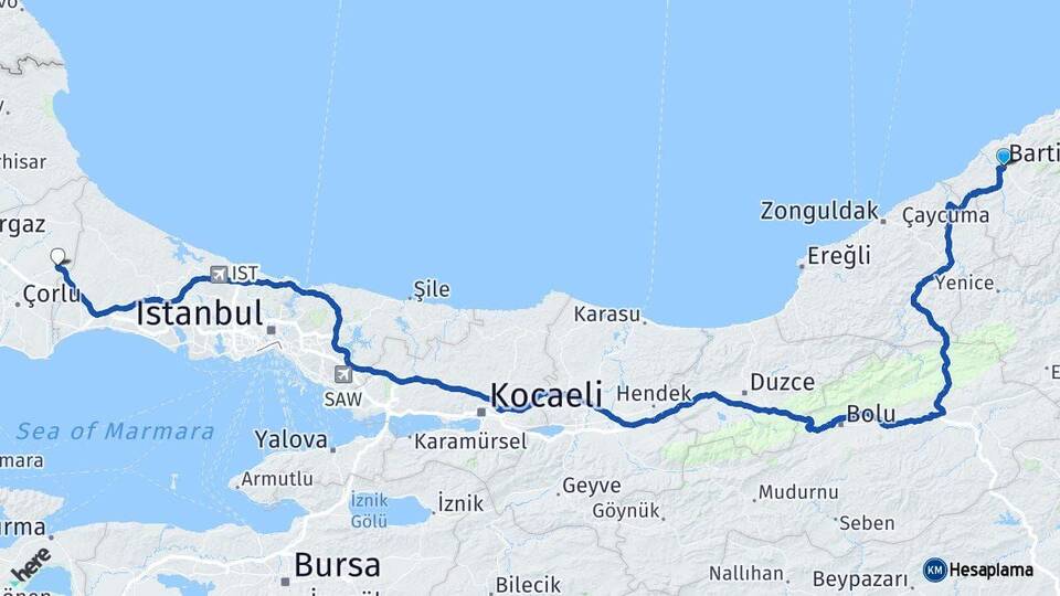 Bartın Çerkezköy Tekirdağ Arası Kaç Km - Yol Haritası