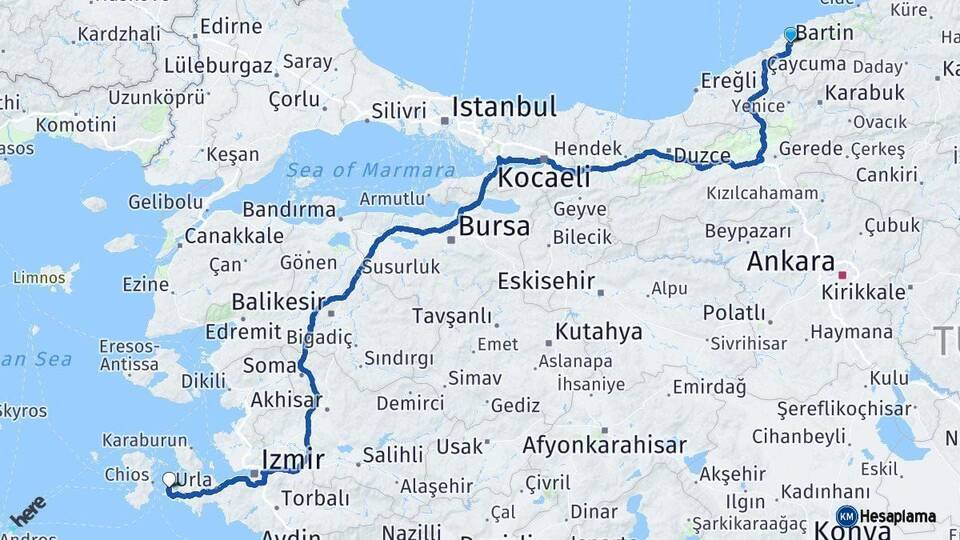 Bartın Çeşme İzmir Arası Kaç Km - Yol Haritası