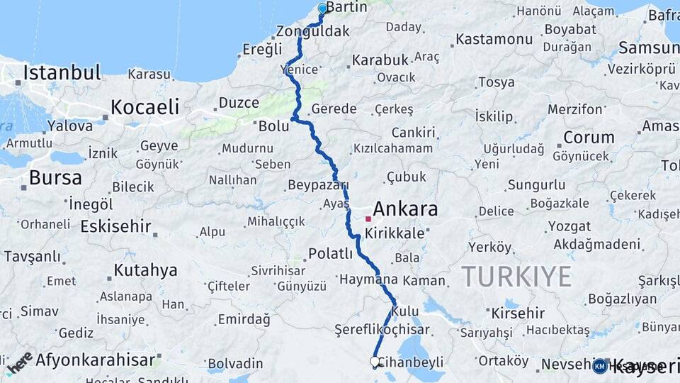 Bartın Cihanbeyli Konya Arası Kaç Km - Yol Haritası