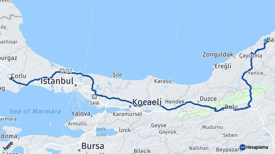 Bartın Çorlu Tekirdağ Arası Kaç Km - Yol Haritası