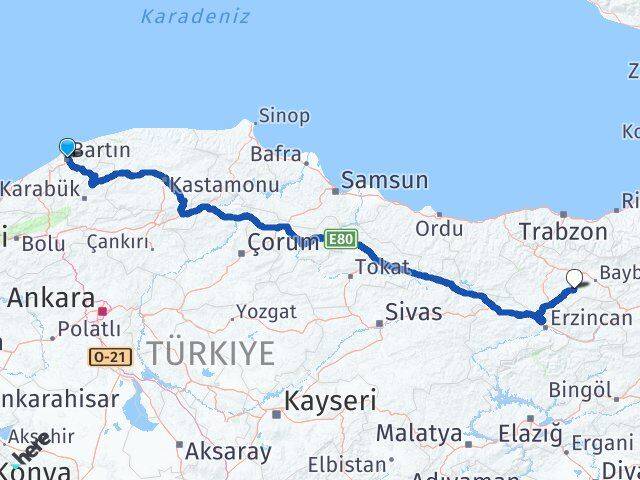 Bartın Demirözü Bayburt Arası Kaç Km - Yol Haritası