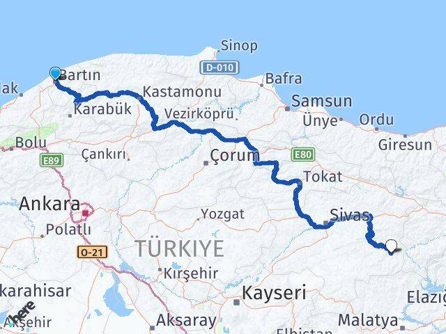 Bartın Divriği Sivas Arası Kaç Km - Yol Haritası
