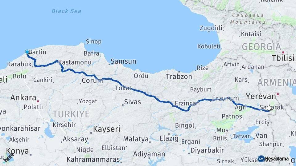 Bartın Doğubayazıt Ağrı Arası Kaç Km - Yol Haritası