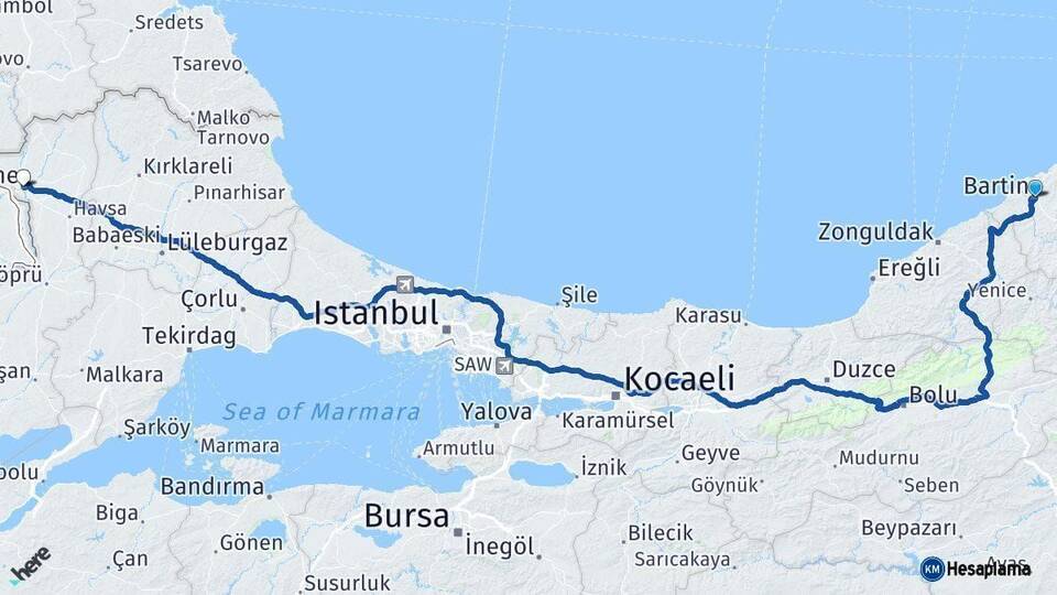 Bartın Edirne Arası Kaç Km - Yol Haritası