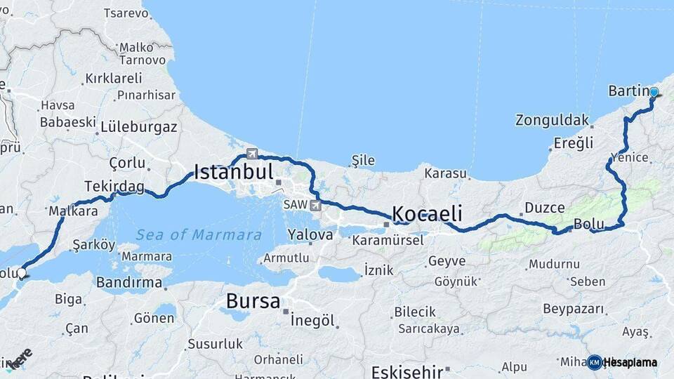 Bartın Gelibolu Çanakkale Arası Kaç Km - Yol Haritası