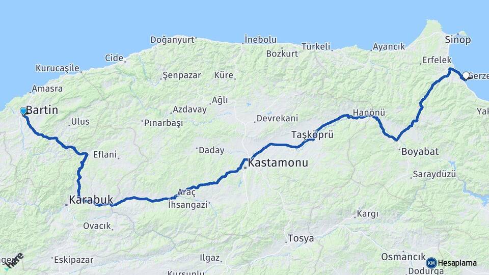 Bartın Gerze Sinop Arası Kaç Km - Yol Haritası