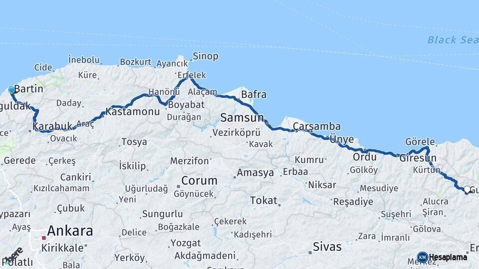 Bartın Gümüşhane Arası Kaç Km - Yol Haritası