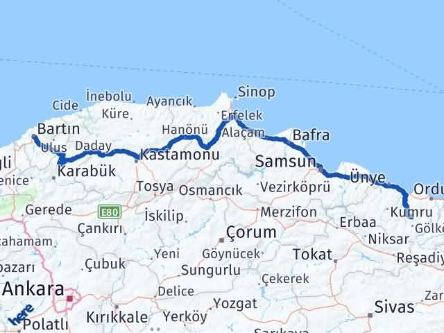Bartın Gürgentepe Ordu Arası Kaç Km - Yol Haritası