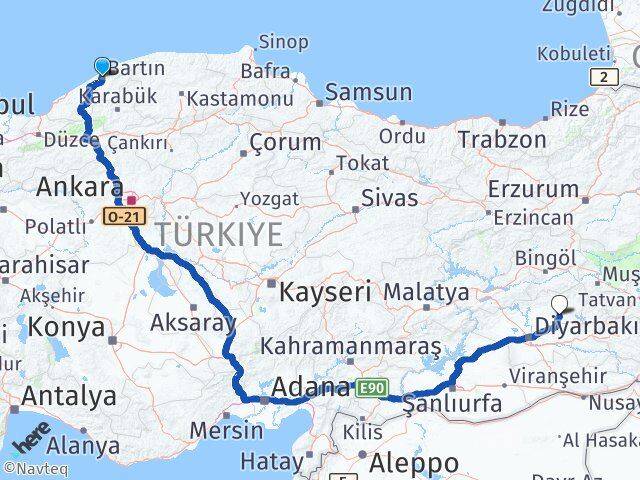 Bartın Hazro Diyarbakır Arası Kaç Km - Yol Haritası