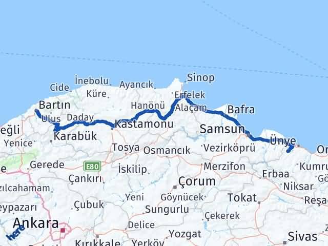 Bartın İkizce Ordu Arası Kaç Km - Yol Haritası