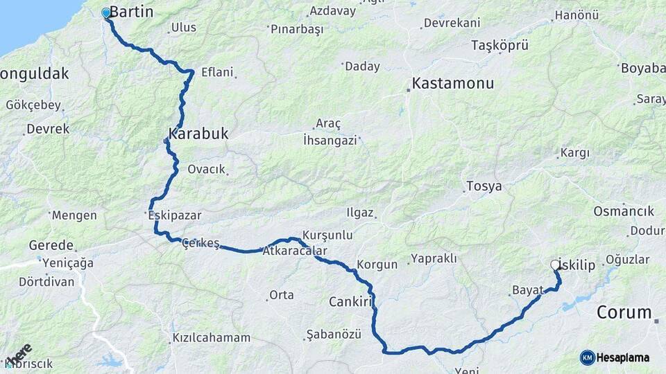 Bartın İskilip Çorum Arası Kaç Km - Yol Haritası