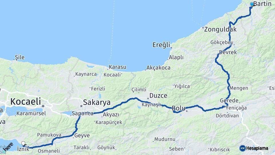 Bartın İznik Bursa Arası Kaç Km - Yol Haritası
