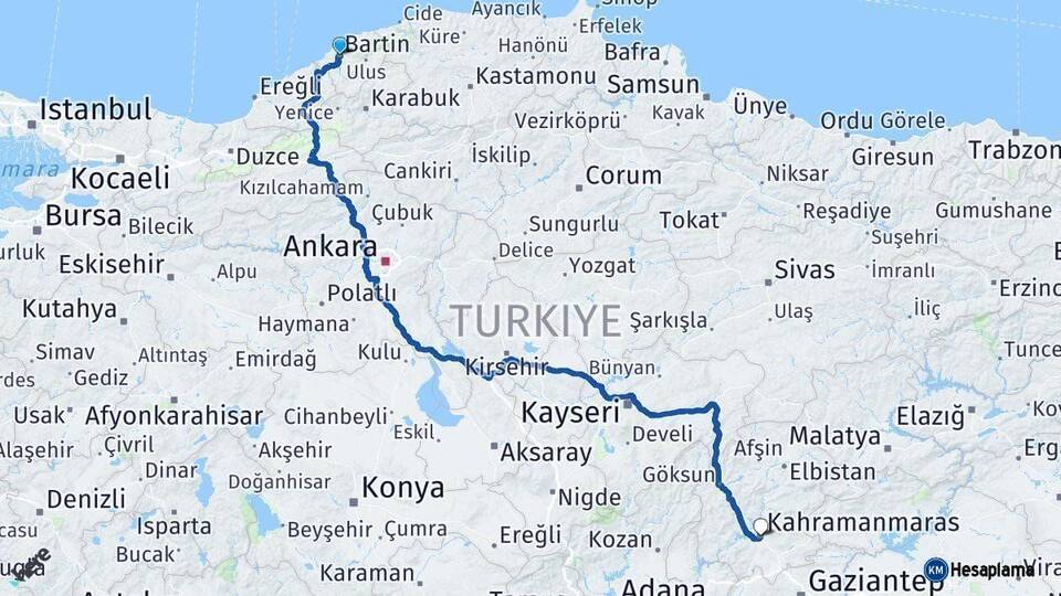 Bartın Kahramanmaraş Arası Kaç Km - Yol Haritası