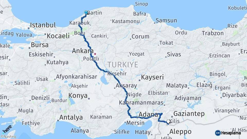 Bartın Kilis Arası Kaç Km - Yol Haritası