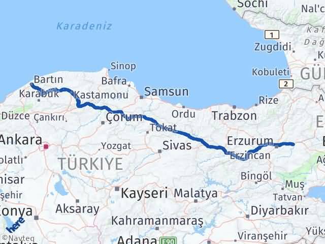 Bartın Köprüköy Erzurum Arası Kaç Km - Yol Haritası