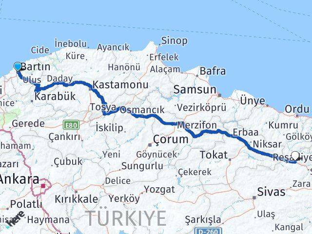 Bartın Koyulhisar Sivas Arası Kaç Km - Yol Haritası