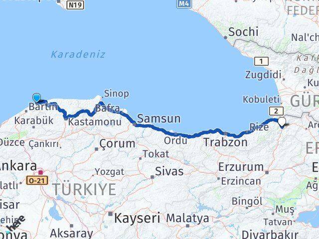 Bartın Kurucaşile Artvin Arası Kaç Km - Yol Haritası