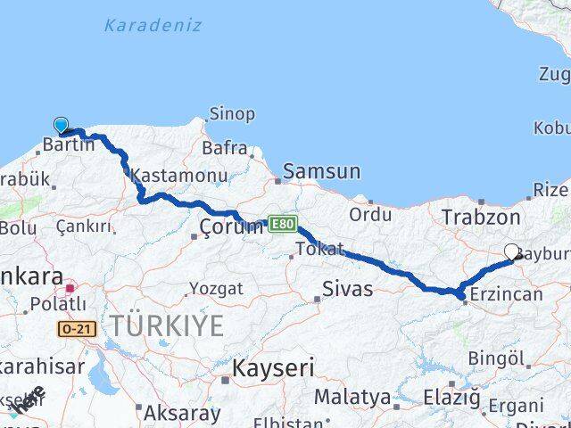 Bartın Kurucaşile Bayburt Arası Kaç Km - Yol Haritası
