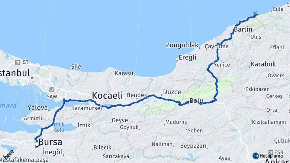 Bartın Kurucaşile Bursa Arası Kaç Km - Yol Haritası