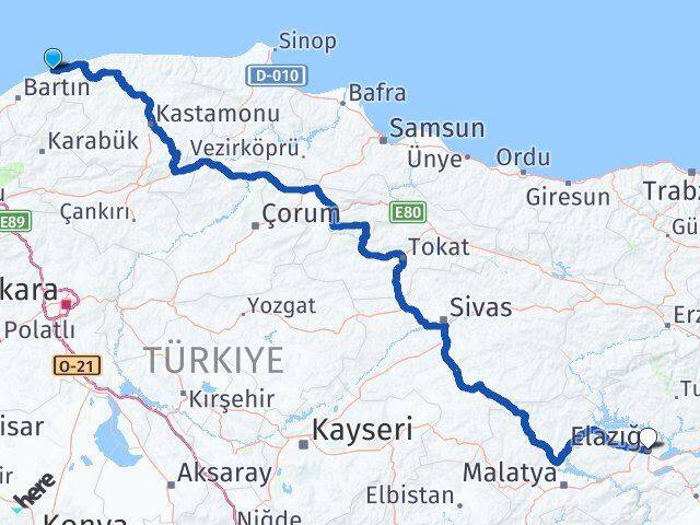 Bartın Kurucaşile Elazığ Arası Kaç Km - Yol Haritası