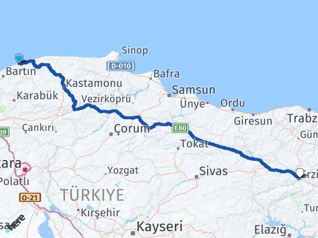 Bartın Kurucaşile Erzincan Arası Kaç Km - Yol Haritası