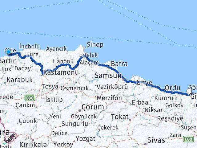 Bartın Kurucaşile Giresun Arası Kaç Km - Yol Haritası