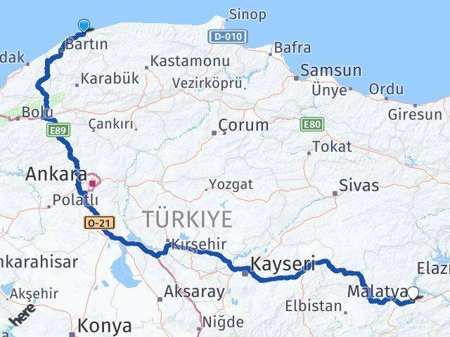 Bartın Kurucaşile Malatya Arası Kaç Km - Yol Haritası