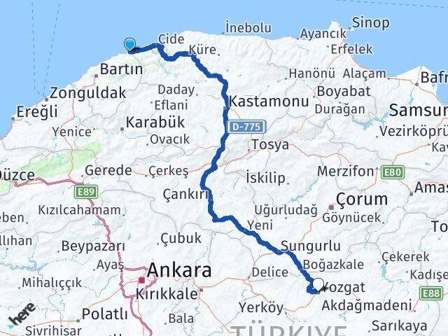 Bartın Kurucaşile Yozgat Arası Kaç Km - Yol Haritası