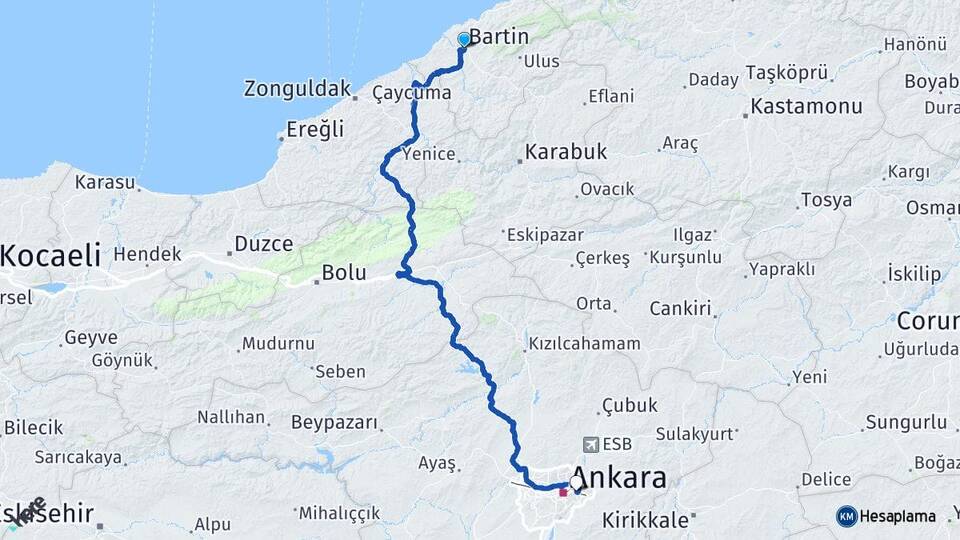 Bartın Mamak Ankara Arası Kaç Km - Yol Haritası