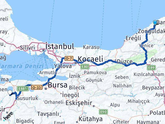 Bartın Manyas Balıkesir Arası Kaç Km - Yol Haritası