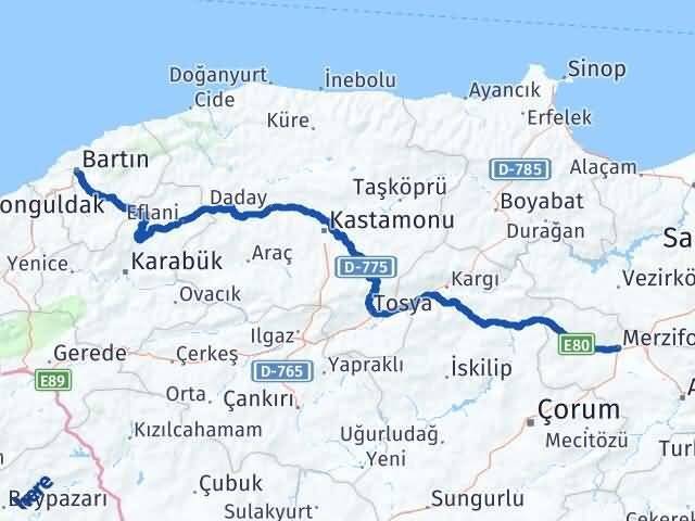 Bartın Merzifon Amasya Arası Kaç Km - Yol Haritası