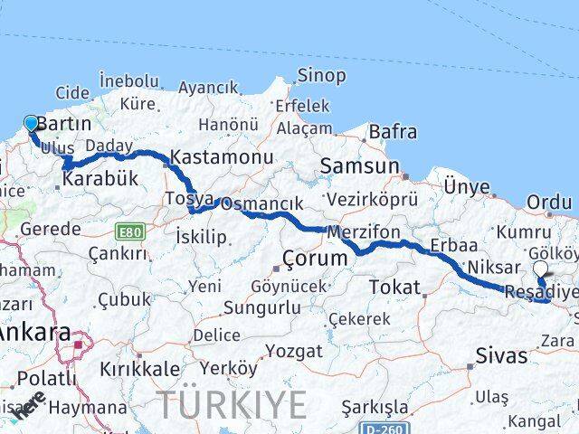 Bartın Mesudiye Ordu Arası Kaç Km - Yol Haritası