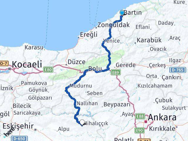 Bartın Mihalıççık Eskişehir Arası Kaç Km - Yol Haritası