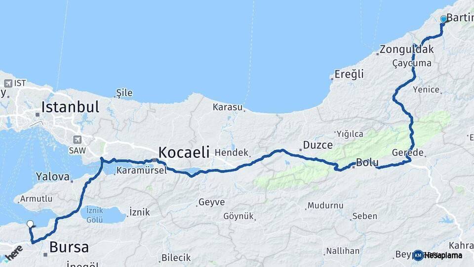 Bartın Mudanya Bursa Arası Kaç Km - Yol Haritası